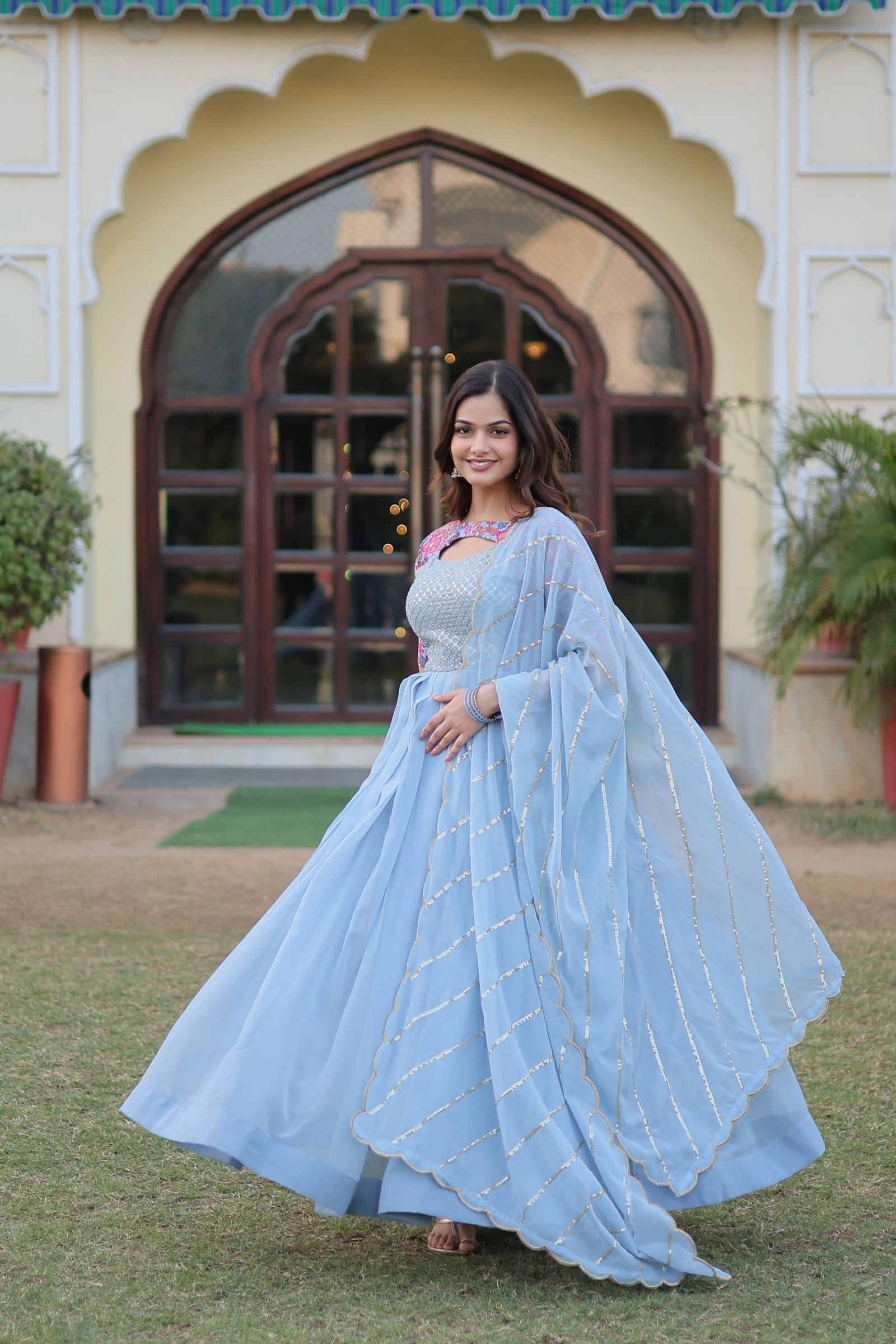 KA 1083 Georgette  Designer Party Wear Gown With Dupatta Wholesale Clothing Suppliers In India